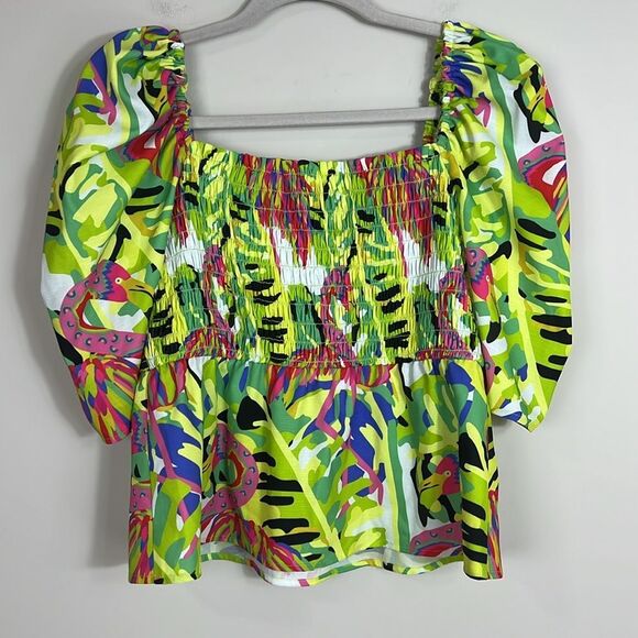 Crosby by Mollie Burch Flamingo Tropical Print Top Smocking Puff Sleeve Sz Med - Picture 5 of 9